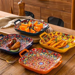 Bohemian คู่หูจานเซรามิคสแควร์ Creative จานสุทธิสีแดงผลไม้สปาเก็ตตี้แผ่นเตาอบไมโครเวฟ oven-9inch