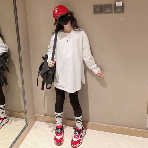 Girls White Long Sleeve T-Shirt Casual Layering Inner Wear Spring New Loose Sweatshirt Children Base Shirt Trendy Cotton Blend