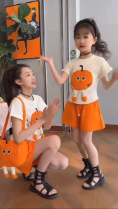 Kaos Setelan Anak Perempuan Laki Laki Lengan Pendek Putih+Celana Pendek Oranye+Tas Kecil Import