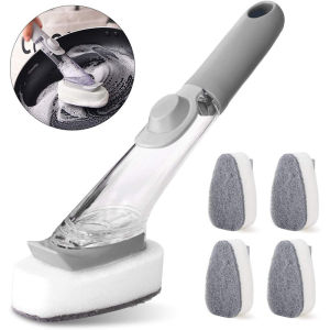 Kitchen Bruch With 3 Refill ReplacementKitchen Dish Wash Dispenser Sponge Brush Refillable Liquid Long Handle Cleaning Pot Household Kitchen Tools Cleaning Sponge Brush