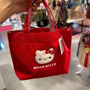 Adorable Corduroy HelloKitty Handbag Portable Outing Bento Bag Small Tote Shoulder Bag  Sweet Style School Campus Use