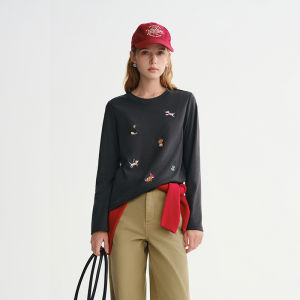 DUSHU | Plus Size Women Fun Embroidery Thin Fleece Long Sleeve T-Shirt