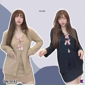 TW19143 Set 2 ชิ้น เสื้อแขนยาว แหวกหน้า + กระโปรงสั้น ..