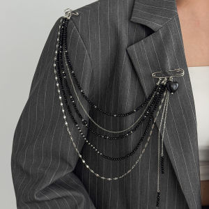 Ingemark | Ingemark Unique Black Crystal Beads Long Brooches Women Trendy Multi-layer Copper Chain Shirt Collar Suit Clip Pin Accessories