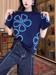 Embroidered Floral Short Sleeve Ice Silk Knit Tee