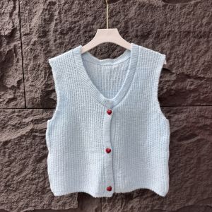 Soft Cozy Knitted Heart Button U-Neck Vest Cardigan Womens Loose Short Style Spring Autumn Winter Layering Tank Top