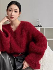 Christmas Red V-Neck Knitted Sweater Womens Autumn Winter Soft Cozy Faux Mink Inner Wear Top Commute Style Loose Fit Pure Color