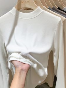 Womens Slim Fit Long Sleeve Base Shirt Half High Collar Velvet T-Shirt Layering Top Pure Color Commute Korean Style Autumn Winter