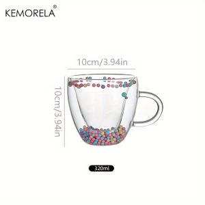KEMORELA 1PCS Double Wall Clear Glass Coffee Mugs Clear Glass Cups with Handle Love Shape Colored Balls For Espresso Coffee