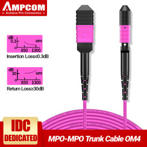 AMPCOM MPO ke MPO jenis B Fiber Patch Cord OM4 Multimode 8/12/24 Cores Trunk Cable untuk 10G QSFP + 100G QSFP28 Transceivers panjang dari 1M hingga 50M