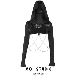 เสื้อคลุมแขนยาวมีฮู้ดสีดำสุดหรูหราพร้อมโซ่ล็อคสีทอง VOstudio Gothic Dark Female เสื้อคลุมแบบสั้นสำหรับฤดูใบไม้ร่วงปี 2023
