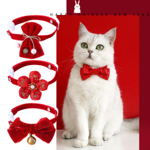 New Year collar pet cat Chinese style red velvet collar with bell accessories foil bow tie for kitten puppy