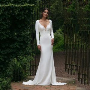 Gaun Pernikahan Sederhana Berlengan Panjang V-Neck Mermaid Elegan Satin Putih Lace Appliques Tanpa Lengan
