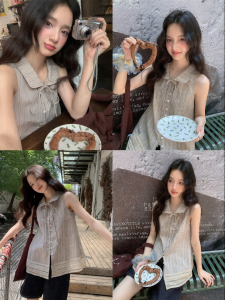 Mixd | Sleeveless Top Unique Design Striped Tie Collar