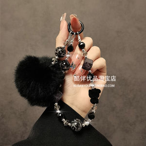 Black Velvet Ball Keychain Handheld Lanyard Bracelet Short Hanging Rope Mobile Phone Case Car Key Ring Bag Pendant Accessories