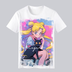 Bandai | Japanese Girl Warrior Short Sleeved T-shirt for Womens Summer Water Ice Moon Rabbit Anime Peripheral Casual Half Sleeved