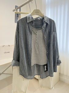 Áo Sơ Mi Dài Tay Rộng Rãi Cho Nữ Mùa Thu 2023 Áo Khoác Chống Nắng Mỏng Màu Tương Phản Sọc Dọc Cổ Polo Cotton Thường Ngày