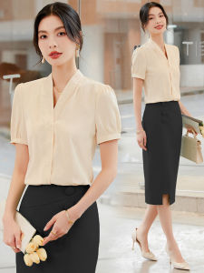 Elegant Chiffon Shirt Summer Short Sleeve Professional Womens Work Uniform High-End Feeling V-Neck Bubble Sleeve OL Style