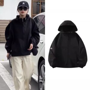 Thickened Cotton Casual Hooded Jacket Womens Autumn Winter Street Style Fashionable Loose Fit Zipper Closure Solid Color