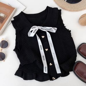 Áo Len Dệt Kim Không Tay Cổ Búp Bê Thắt Nút Một Nút Ren Mùa Hè Cho Nữ Áo Len Cardigan Cổ Chữ V Tay Ngắn Dáng Ôm Vừa Vặn