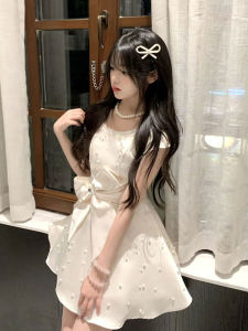 Unique Beautiful Butterfly Knot Waist Cinched Princess Dress Fashionable Summer Dress French Style Short Sleeve round Neck A-Line Skirt