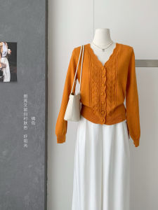 Stylish Early Autumn V-Neck Knitted Open Cardigan Womens Slim Fit Outerwear Sweater Lazy High-End Feeling Top