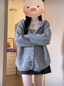 Gray Hooded Open Cardigan Sweater Womens Autumn Winter Korean Style Lazy Knitted Top Oversize Comfortable Soft Long Sleeve