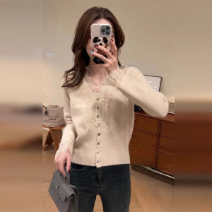 PEIZIXUAN | Lace V-Neck Long-Sleeved Cardigan