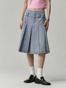 หนังวัวล้างสีฟ้าอ่อน ทรงเอ Mini กระโปรง Retro High-End ผู้หญิง ความยาวปานกลางสีบริสุทธิ์เดินทางธรรมชาติ เอว ผ้าฝ้าย กระโปรง