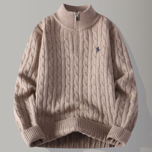 Kawadu | Knit Sweater with Cable Pattern Half-Zip Relaxed Fit Stand Collar Pullover Coat
