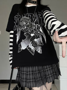 Yabi Style Culture Secondary Yuan Y2g Stripes Long Sleeves T-Shirt Female Autumn Punk Fake Two-Piece Loose Cartoon Top Female
