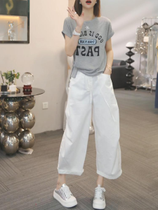 Shalldoer | Bộ đồ hai mảnh tay ngắn mùa hè không đều chữ in thời trang thường ngày quần dài màu trơn giảm tuổi cho phụ nữ