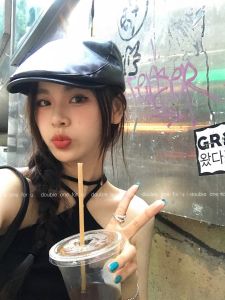 Black Leather Beret Hat Womens Retro British Style Duckbill Cap Autumn Winter Painter Hat Casual Universal Short Brim Spring