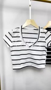 Crop Top Vneck Salur / Atasan Wanita Vneck Salur 4805