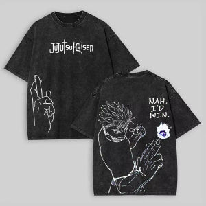 Bandai | Satoru Gojo T Shirt Jujutsu Kaisen Men Acid Wash Nah Id Win Anime Streetwear Unlimited Void Vintage Bootleg Tee Fashion Tops