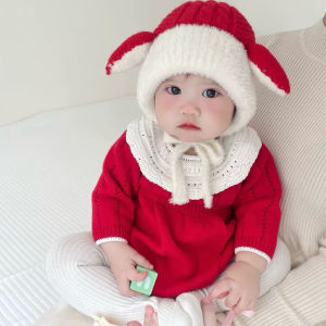 เสื้อผ้าเด็กผู้หญิงฤดูใบไม้ร่วง/ฤดูหนาว เสื้อคลุมท้องลายดอกไม้สีแดง ชุดรับแขก ชุดงานฉลองวันเกิดครึ่งปีแรก เสื้อผ้าเด็กผู้หญิง ชุดฮาราจูกุ