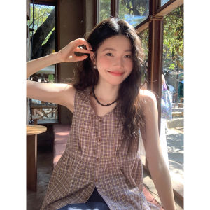 Stylish Vintage Coffee Color Checkered Loose Sleeveless Vest