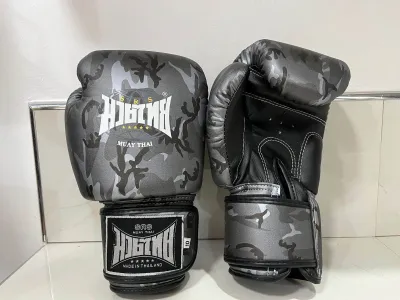 SRS Brand Camou Printed Muay Thai Boxing Gloves Made in Thailand Grey and Silver Camou