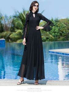 ชุดเดรสสีดำแบบใหม่ปี2024เดรสยาวผ้าชีฟองคอวีเก็บเอวใส่แล้วดูผอมเพรียวสำหรับฤดูใบไม้ผลิและฤดูใบไม้ร่วงเดรสแขนยาวชายบานแบบยาว
