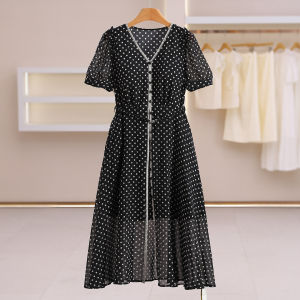 Polka Dot Ruffled Waist V-Neck Long Dress