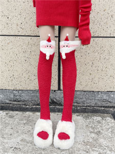 ถุงเท้าคริสต์มาสสีแดงขากว่าเข่าสำหรับผู้หญิง ฤดูใบไม้ร่วง/ฤดูหนาว ขนแกะคอรัลหนา อบอุ่น น่ารัก ถุงเท้าขากว่าเข่าแบบยาวปานกลาง