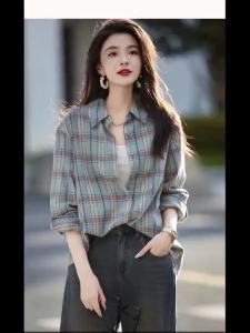 AMMIN 2024 Autumn new simple lapel fashion r plaid long-sleeved cotton shirt Womens Korean style loose slouchy style single breasted elegant blouse