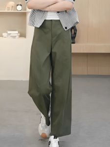Quần Ống Đứng Màu Xanh Quân Đội Cạp Cao Mùa Hè Mỏng Cho Nữ Dáng Quả Lê Quần Dài Thường Ngày Cỡ Lớn