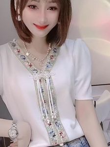 Summer New Womens Short Sleeve T-Shirt V-Neck Embroidery Button Tassel Color Block Base Fashion Top Medium Length