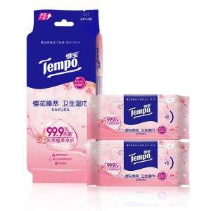 Tempo Mini Portable Sakura Scented Wet Wipes Alcohol Free Hygiene Pack of 8 Sheets Travel Size Moist Tissues for Hand And Mouth