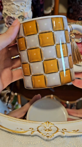 3D Yellow and White Square Printed Design On A Sublimation COFFEE Mug/CUP FOR GIFT/BIRTHDAY/GRADUATION/WEDDING (with Crystals)