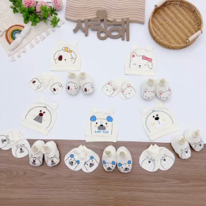 Set mũ bao tay bao chân cho bé sơ sinh chất liệu Petit nền kem họa tiết thú siêu mềm mát ĐP Baby