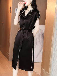 Fuxiu V-neck Tunic Dress Women Summer 2025 New Loose Belted Elegant Skirt High-end European Style Fashionable Long Dress