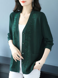 Mommy Style Ice Silk Knitted Open Cardigan Spring Autumn Thin Outerwear Loose Large Size Coat for Middle-Aged And Elderly Women