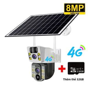 Camera Giám Sát An Ninh Ngoài Trời 4G SIM Không Dây Năng Lượng Mặt Trời 4K Hai Ống Kính 8MP Wifi IP PIR Tầm Nhìn Ban Đêm PTZ V380 Pro